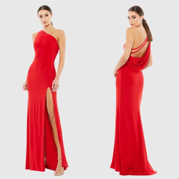 NWT Mac Duggal 6 Red Jersey One Shoulder Draped Back Slit Cocktail Gown strappy - Picture 1 of 6